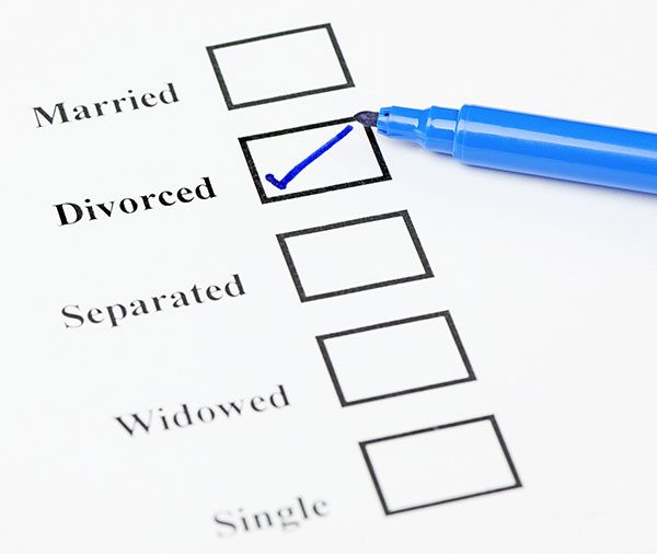 Tick-boxes showing marital status on a blank form. Divorced ticked. Tick-boxes showing marital status on a blank form. Divorced ticked.